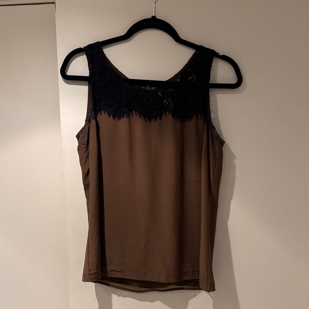 J. Crew Olive Silk Sleeveless Top with Black Lace Yoke Size 4